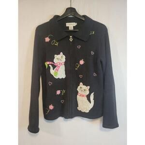 Vintage Women's Compliments Black Cat Full Zip Cardigan Sweater Size S